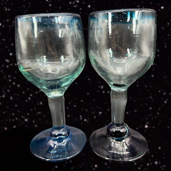 Hand Blown Glass Goblet Set Margarita Drinking Glasses Cobalt Blue Clear Glass - Picture 1 of 12
